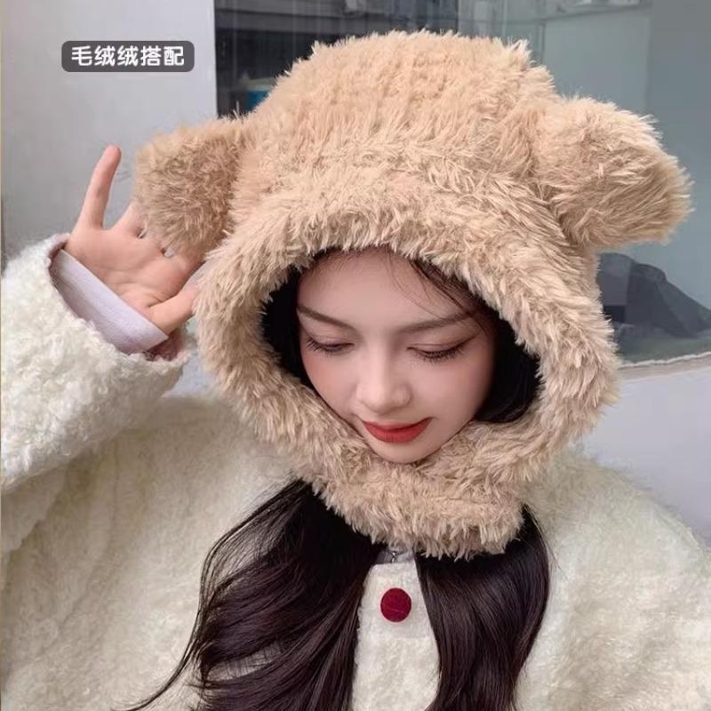 Cute bear ears plush hat scarf integrated women's winter ear protection pullover hat to keep warm and cold