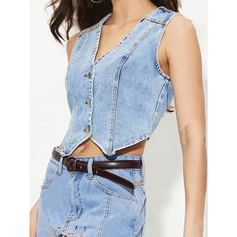 Kadınlar için Yeni V Yaka Denim Yelek Üst