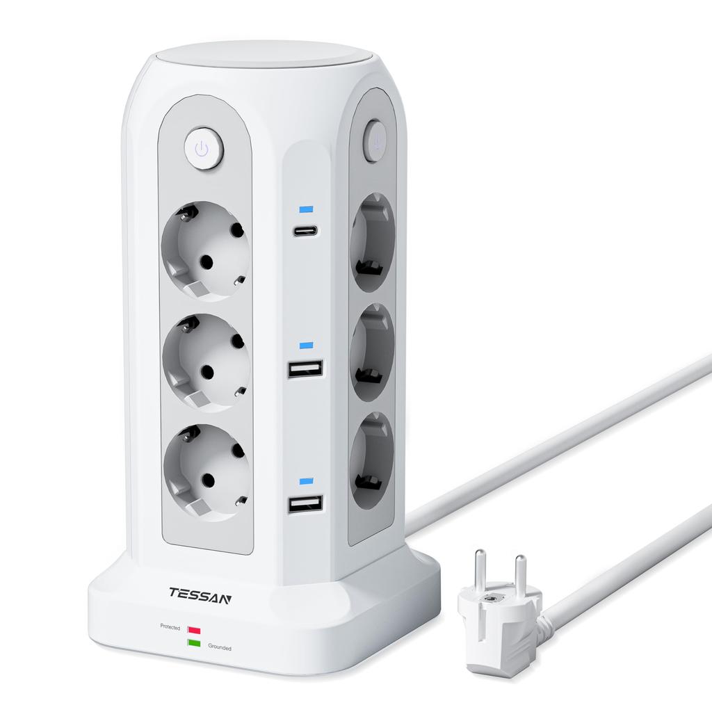 Tessan Tower 8 Way Outlets Socket Multi Power Strip Vertical 2m Extension Cord EU Plug with 3 USB Surge Protector Switch