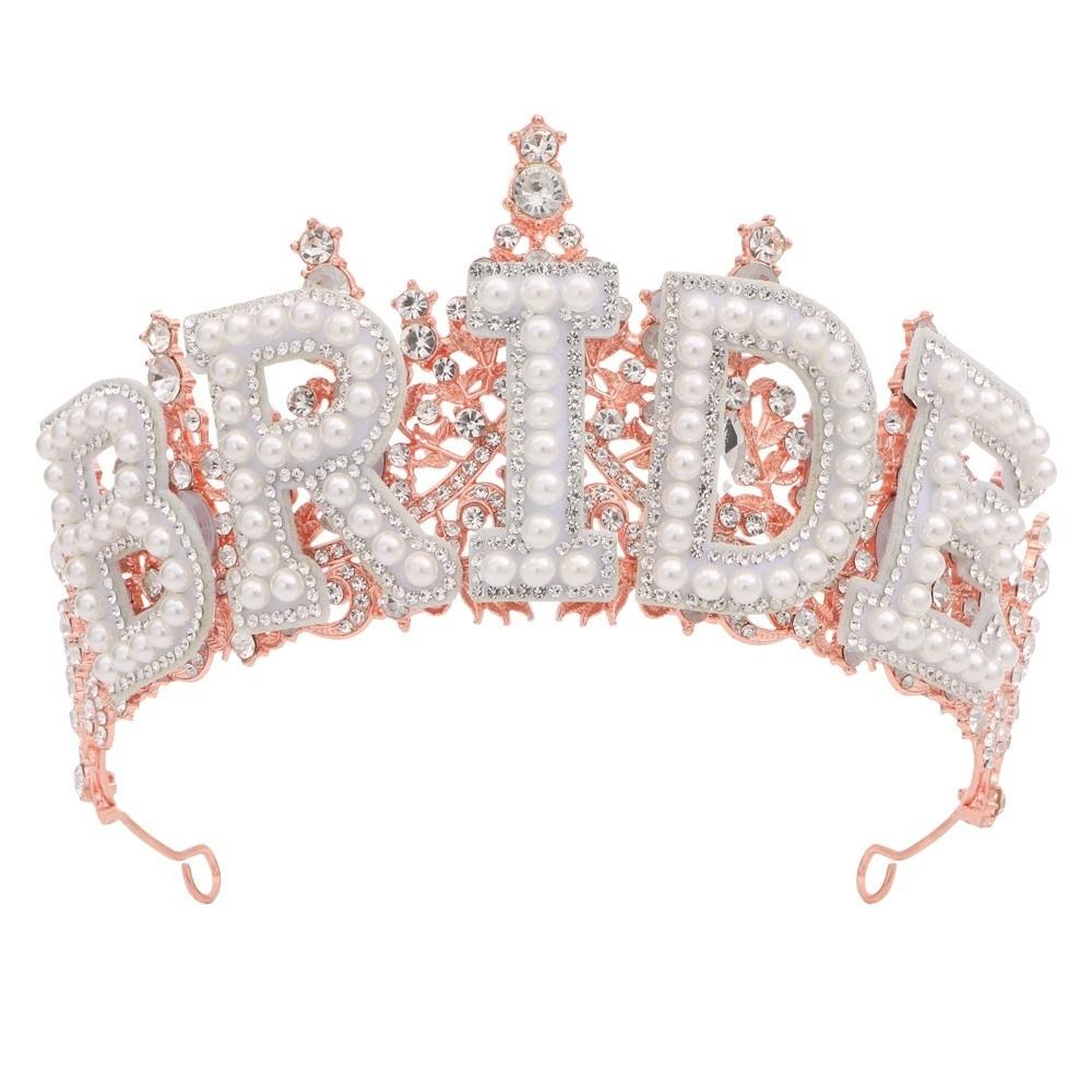 Wedding Decoration White Pearl Letter Crown Shiny Bride Tiara Zinc Zinc Alloy Rhinestone Headband Wife Gift