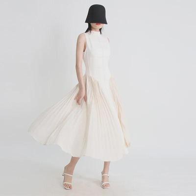 2025 Spring French Style Sleeveless Contrast Stitch Pleated Dress