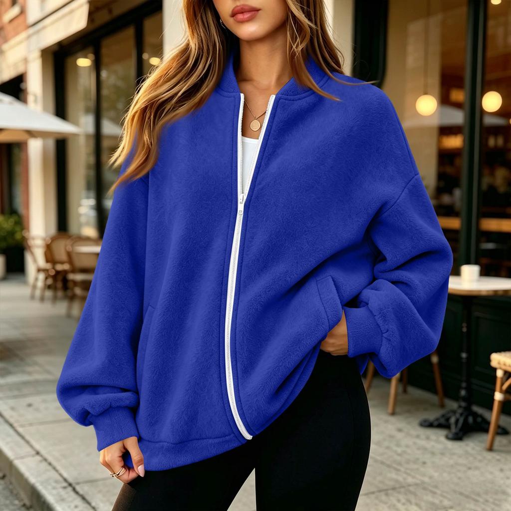 Women's Long Sleeve Baseball Collar Zipper Jacket, Loose Fit, Color