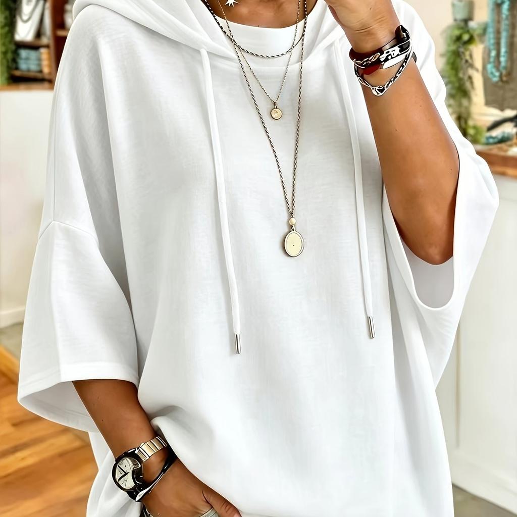 Women's large size hooded T-shirt, elegant, comfortable and simple solid color large size women's hooded T-shirt - fashionable and versatile