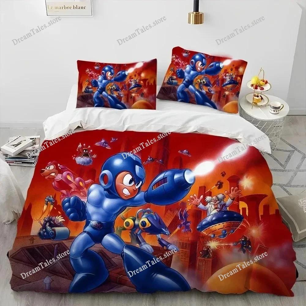 Set Biancheria da Letto Copripiumino 3D Rockman Megaman Gioco Cartone Animato, Copripiumino Set Letto Coperta Federa, Set Biancheria da Letto Matrimoniale Queen Size Bambino