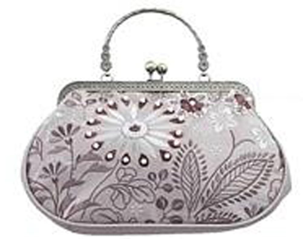 Ando Ash Beige Handbag with Pearl Beads and Floral Sarasa Bag with Suitable for Both Japanese and Western Perfect for Entrance and Parties Women's