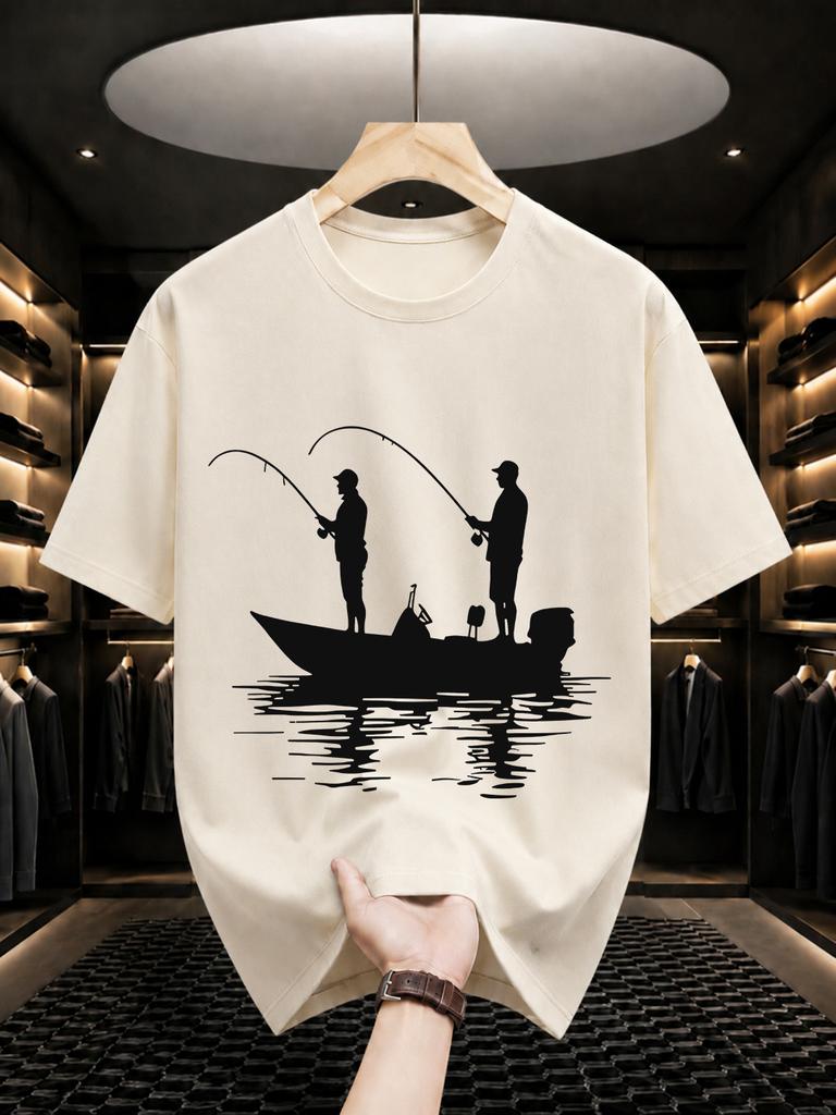 2026 New Cotton Tshirt Duo Fishing On A Boat Silhouette Print Crew Neck Short Sleeve Casual Trendy Wear
