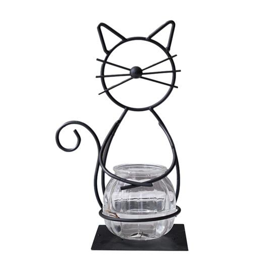 Decorative Ornament, Cat-Shaped Rust-Proof Iron Bracket with Transparent Glass Vase for Hydroponic Plants Desktop Decoration