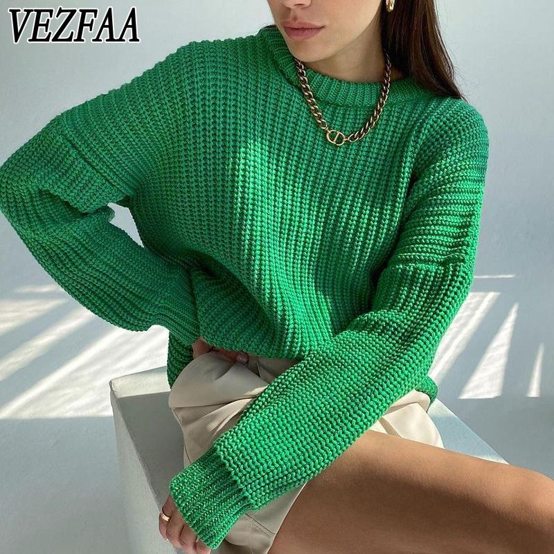 VEZFAA Women's Fashion Casual Fall Winter Solid Color Print Long Sleeve O-Neck Sweaters