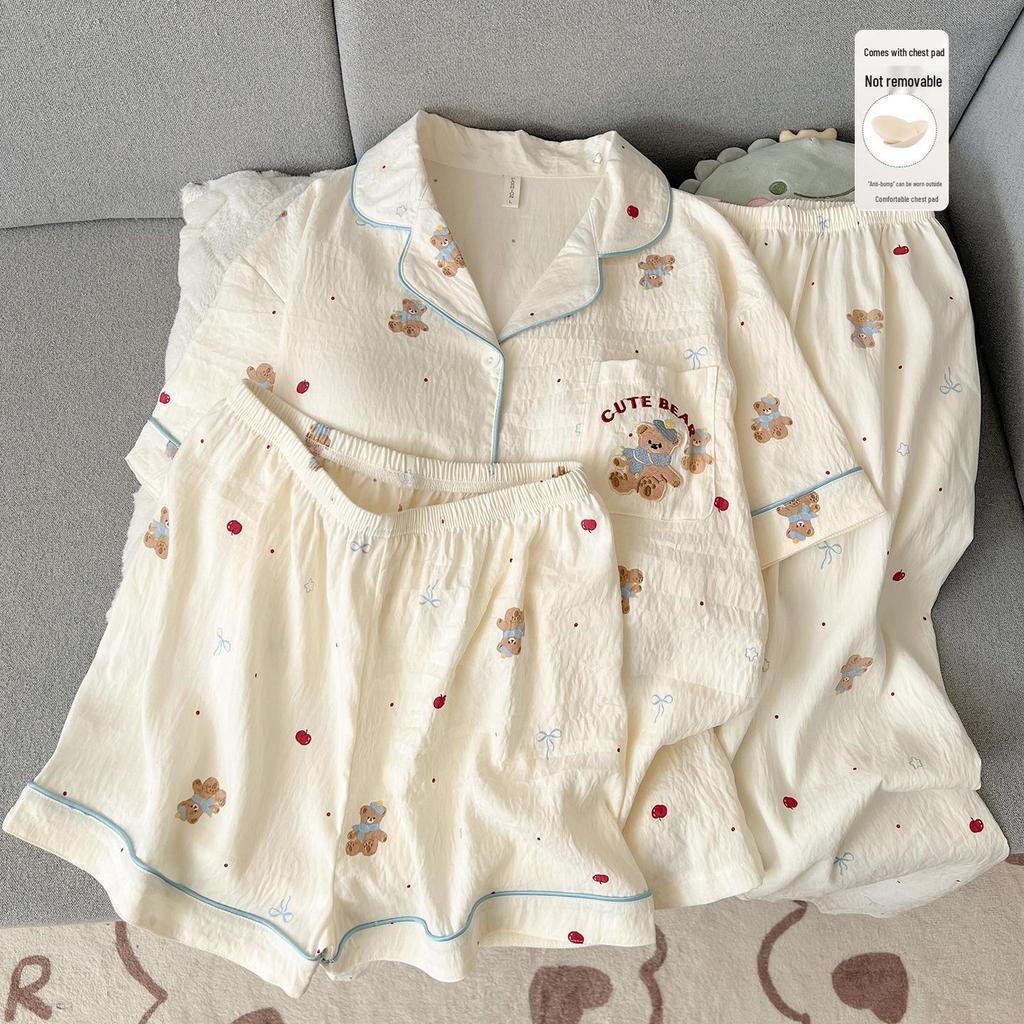 Women's Summer Cartoon Pajama Set: Short-Sleeved, Thin, 3-Piece with Chest Pads Suitable for Home or Outdoor Wear