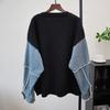 Autumn and winter new splicing denim knitted cardigan design sense loose casual lazy wind sweater jacket women