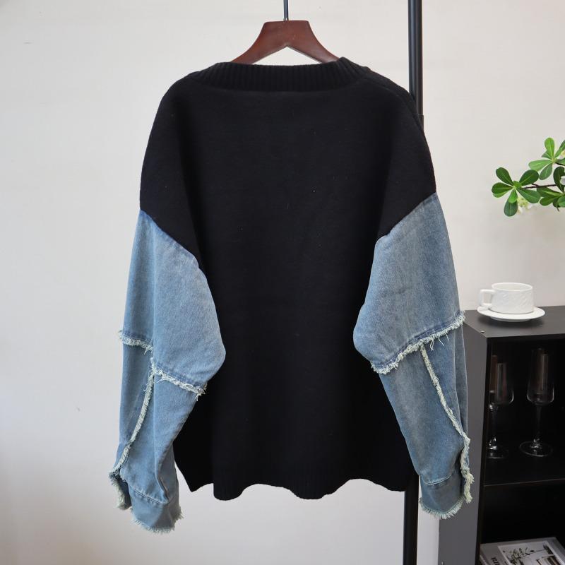 Autumn and winter new splicing denim knitted cardigan design sense loose casual lazy wind sweater jacket women
