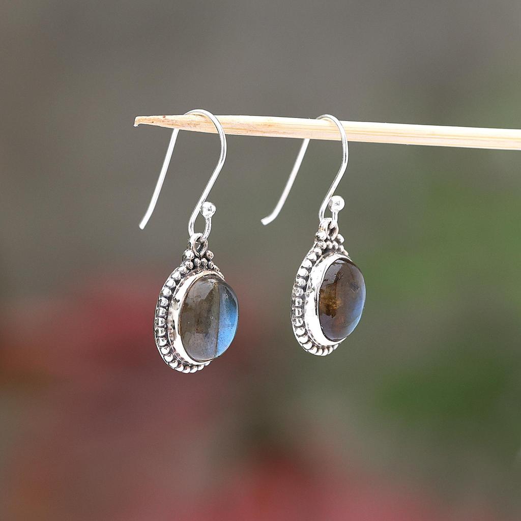 Náušnice z přírodního labradoritu, stříbro 925, ručně vyráběné šperky, visací náušnice