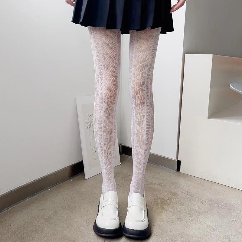 

Японские колготки с вырезами в форме сердца снизу, женские сексуальные тонкие прозрачные сетчатые чулки, JK Лолита, милые белые черные колготки-сетка one size белый