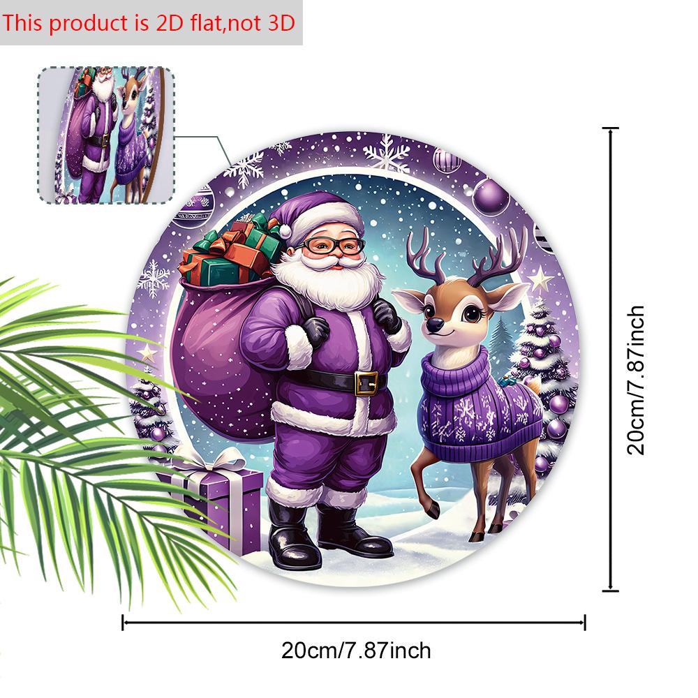 Purple Christmas Wooden Sign with Santa Claus & Elk Pattern, Winter Christmas Round Sign for Front Door Wall Hanging Decor, Ideal Christmas Gift
