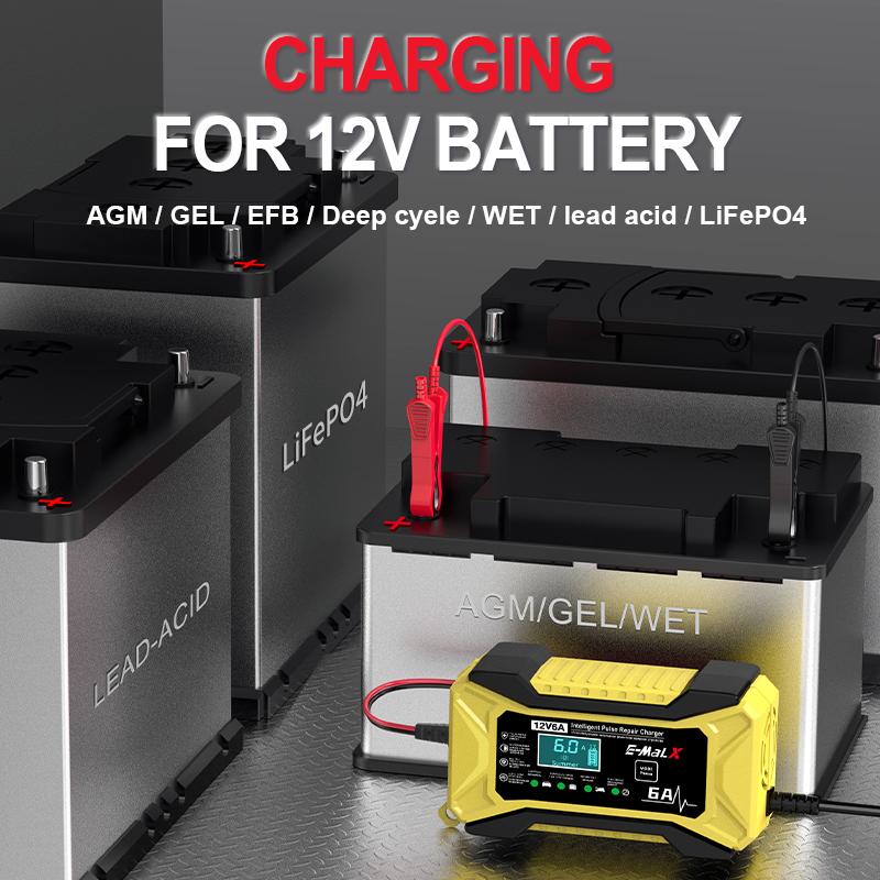 12V 6A Car Battery Charger Pulse Repair LiFePO4 14.6V Smart Fast Charge AGM Deep Cycle GEL Lead-Acid Charger For Auto Motorcycle