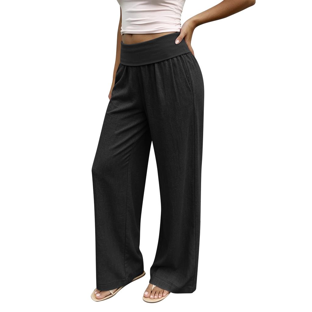 Women Loose Fit Wide Leg Pants Casual Cotton Linen High Elastic Waist Long Trousers with Pockets for Everyday Wear