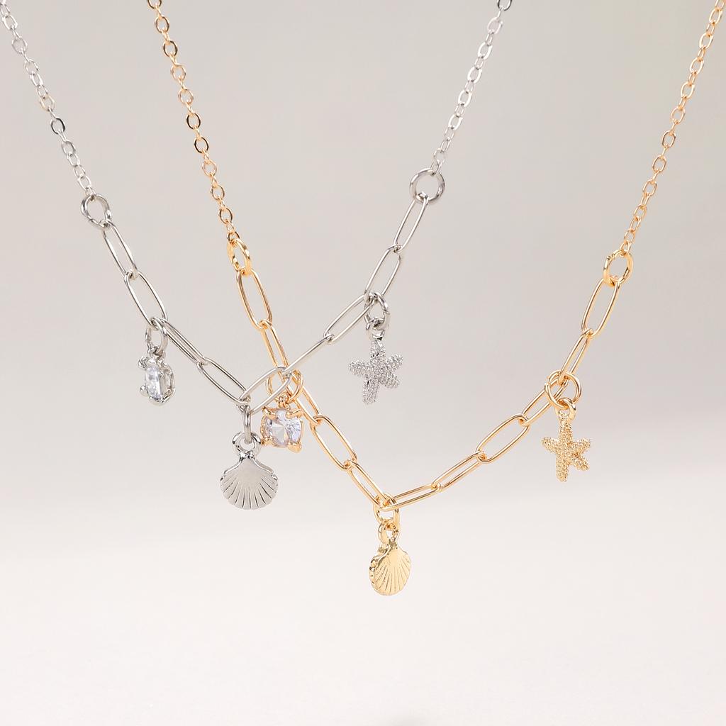 2026 Alloy Starfish & Shell Pendant Necklace for Women Inlaid Zircon INS Trend Simple Fashion Clavicle Chain Jewelry