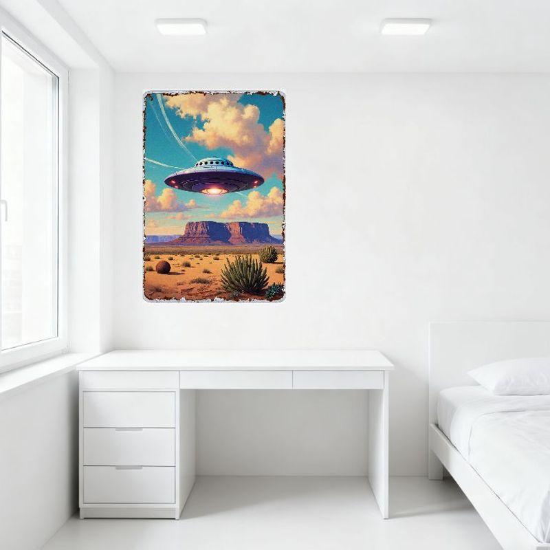 Vintage 1950s Sci-Fi Desert UFO Metal Tin Sign, Retro Flying Saucer Cactus Rock Formation Wall Plaque for Home Bar Man Cave Deco