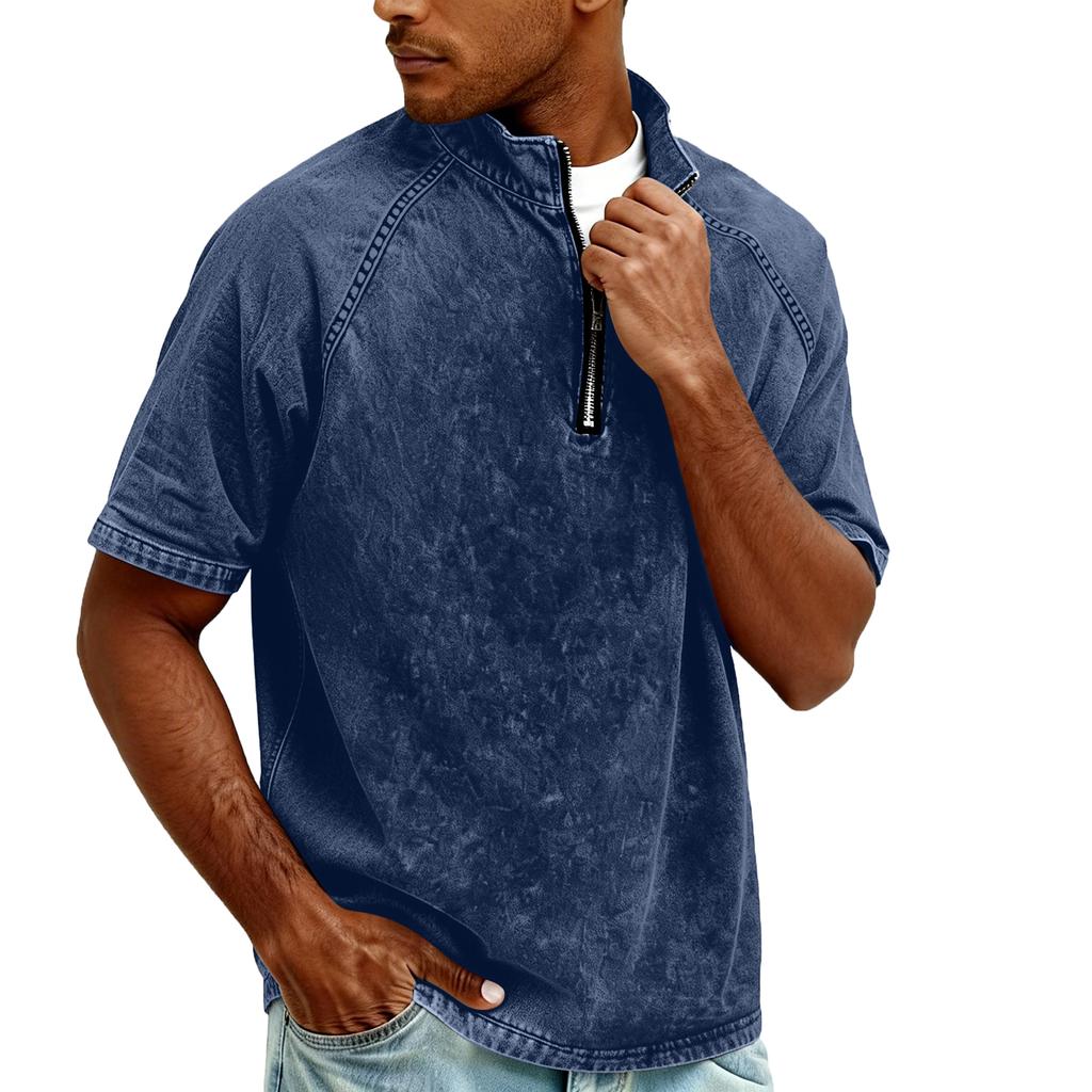 Men's Zipper Stand-up Collar Short-sleeved Distressed Washed Crewneck Casual Shirt