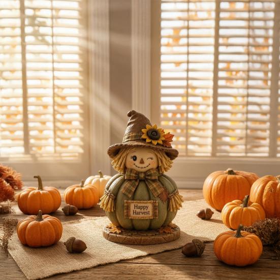 Maple Leaf Desktop Ornament Fall Scarecrow Figurine, Wooden Pumpkin Statue, Rustic Autumn Durable Craft Figurines Harvest Tabletop Decoration