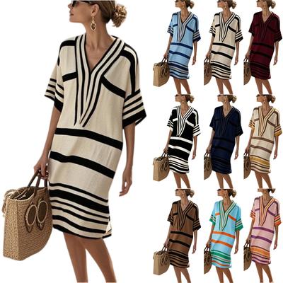Damen Freizeit Bequem Baumwolle Leinen Kurzarm Tunika Strandkleider Mit Taschen