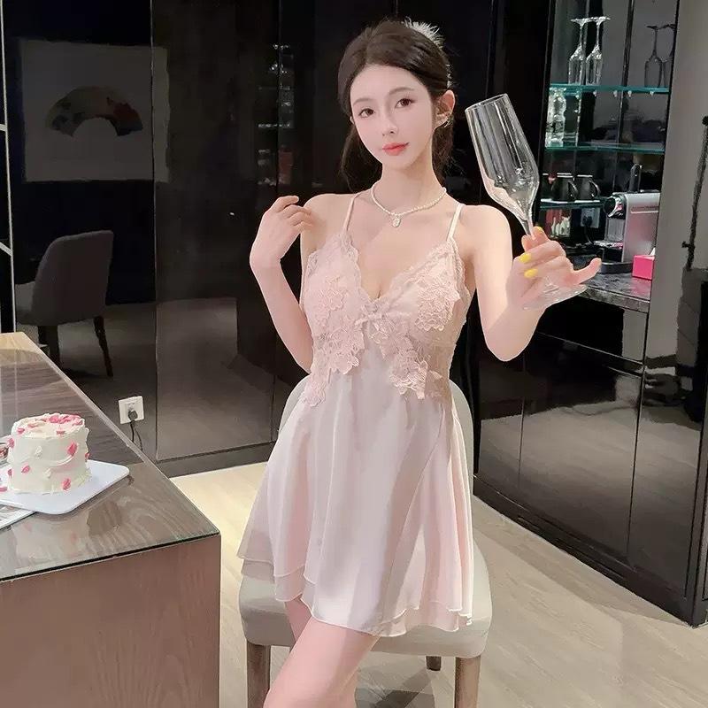 Summer thin women's ice silk suspender nightgown two-piece set high-end sexy lace pajamas with chest