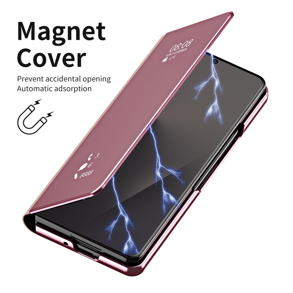 Smart Flip Case For Samsung Galaxy Z Fold 7 8 Fold7 Mirror Plating Plastic PU Leather Kickstand View Shockproof Phone Cover