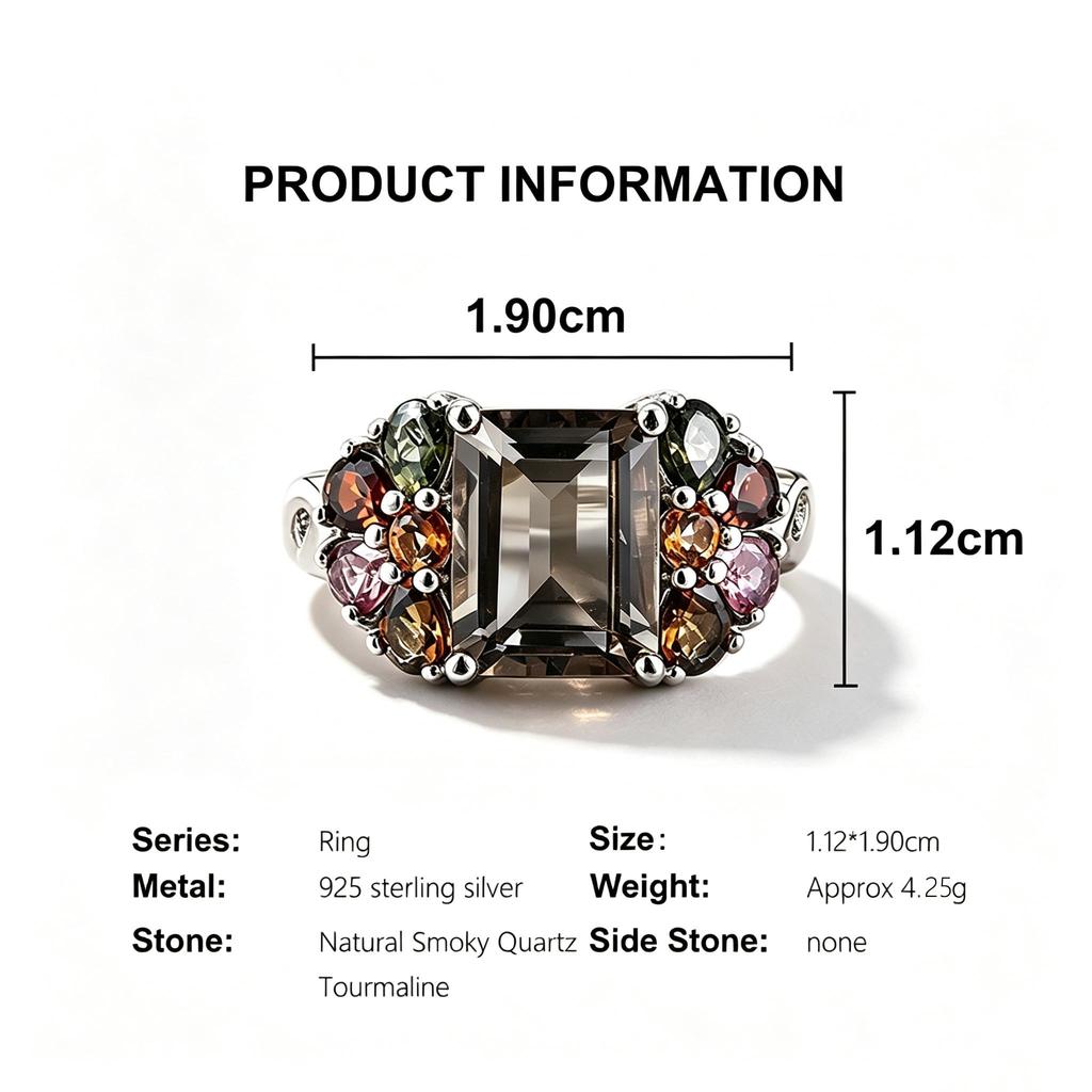 Natürlicher Rauchquarz, Turmal 925 Silberring für Damen, Eleganter Luxus Edelsteinschmuck, Jubiläumsbankett, Hochzeitsgeschenk