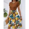Women's Fashionable Retro Patterned Printing Color Blocked Belt Casual Dress