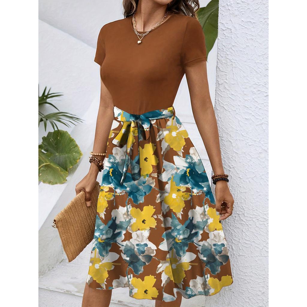 Women's Fashionable Retro Patterned Printing Color Blocked Belt Casual Dress