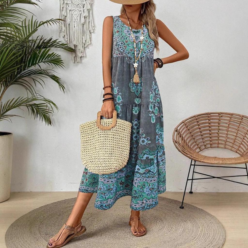 Vestido Maxi Casual de Talla Grande para Mujer con Estampado Floral Bohemio Vestido de Moda sin Mangas Vestido de Verano Vestido Vintage