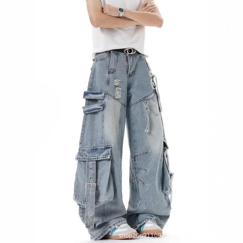Heavy Deconstruction Streamer Tooling Jeans Men's and Women's Autumn High Street Multi-pocket Ripped Wide-leg Pants