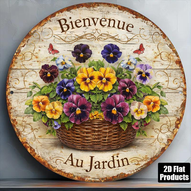 D Flat pc pcs Suitable for Porch Courtyard Kitchen Vintage French Pansy Flower Basket Welcome Sign Round Wall Plaque wit