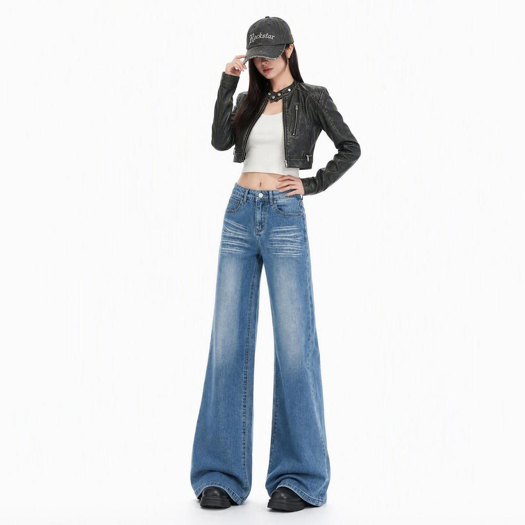 Retro washing water pattern slightly pulled jeans women's autumn and winter new elastic loose personalized bag cover flared pants women's