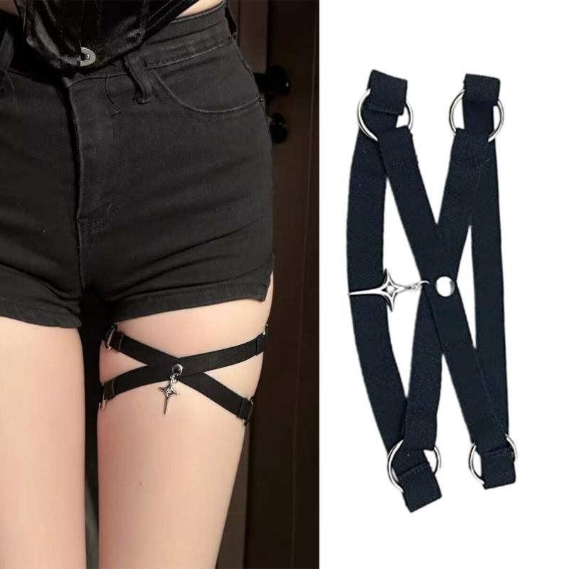 Womens Gothic Punk Elastic Thigh Garter Belt with Metal Star Pendant Leg Harness Straps Crisscross Bandages Leg Wraps