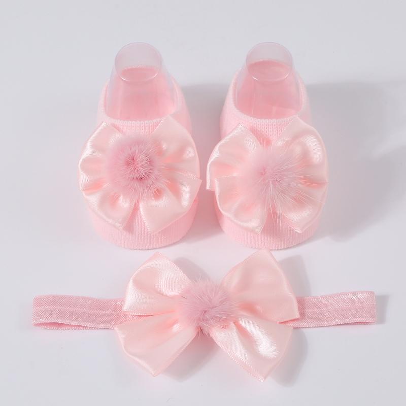Baby Girl Princess Socks With Headband, Plush Bowknot Children's Socks Solid Color Kids Socks