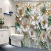 Cortină de duș florală luxoasă albă și verde pal, cu perle pe fundal auriu gradient, cadou decorativ romantic pentru baie