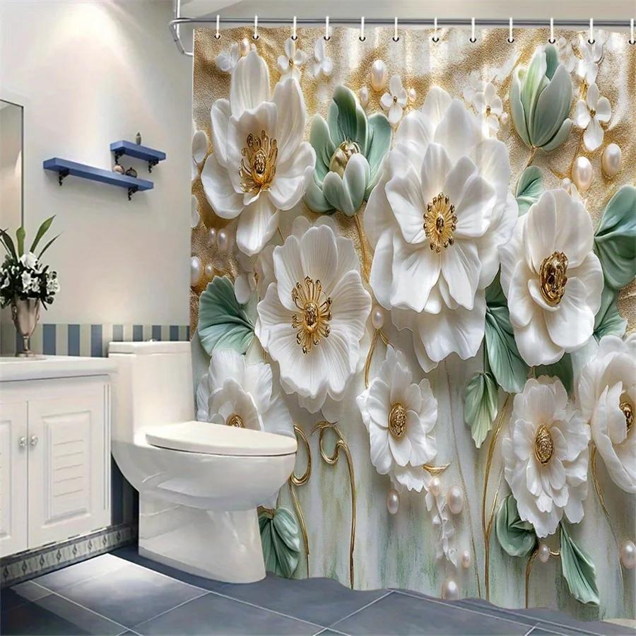 Cortină de duș florală luxoasă albă și verde pal, cu perle pe fundal auriu gradient, cadou decorativ romantic pentru baie