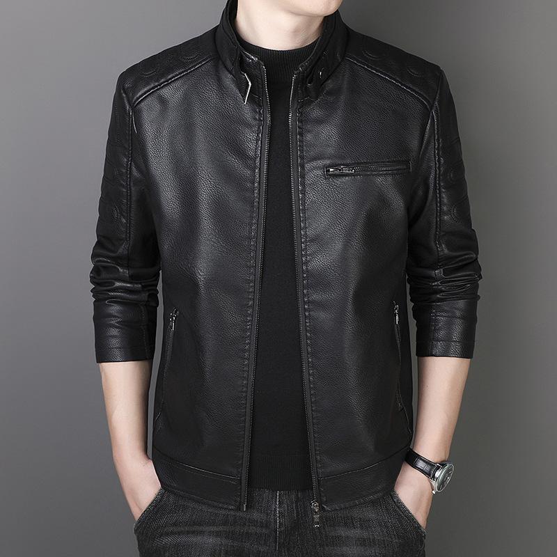 PU Leather Men's Slim Jacket Autumn and Winter Velvet Jacket Men's Casual Stand-up Collar Leather Jacket