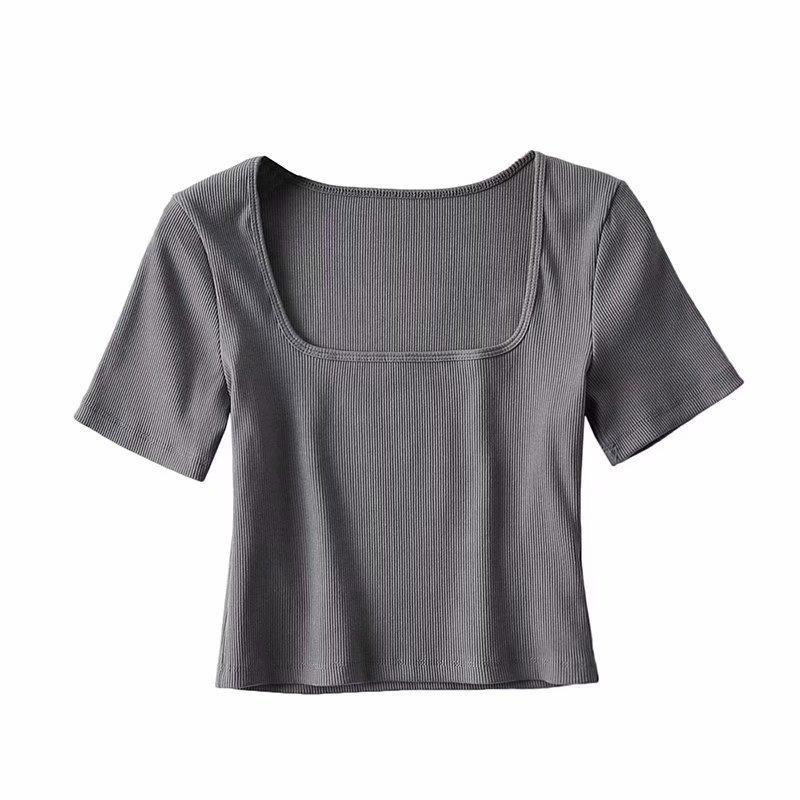 Women's European & American Style Crop Top: Generous Neckline, Tight Short Sleeves, Elastic, Sports Fitness Base Layer T-Shirt.
