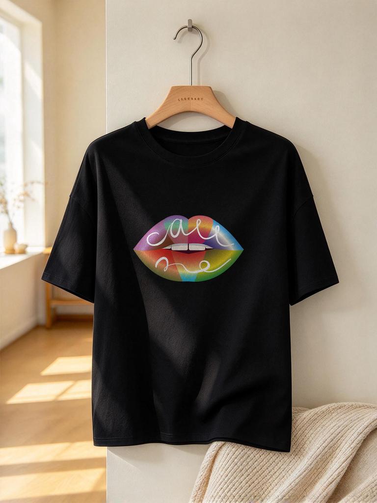 Unisex T-shirt Colorful Lips Print Casual Soft Short Sleeve Streetwear