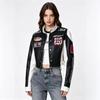 Dámská Rocková Stylizovaná Vyšívaná PU Kožená Bunda Krátký Střih Stojáček Zip Streetwear