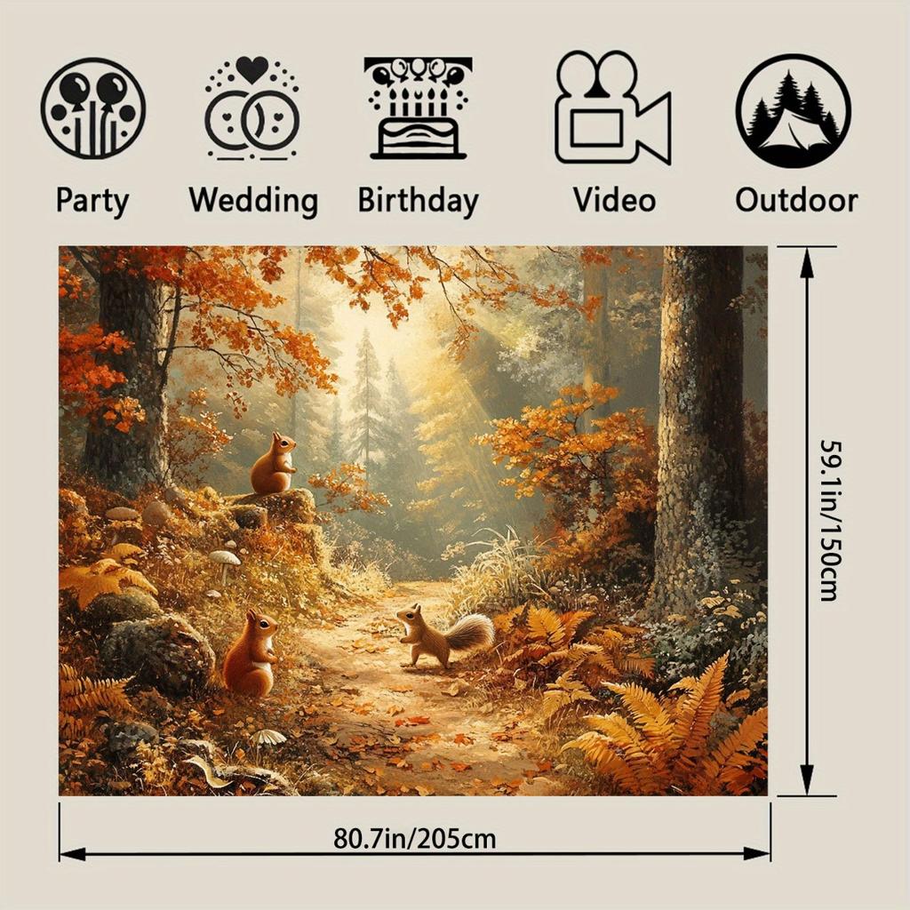 2D plane, 1 piece of a forest autumn frost background banner, scene of fox and squirrel - sunlight falling on the leaves
