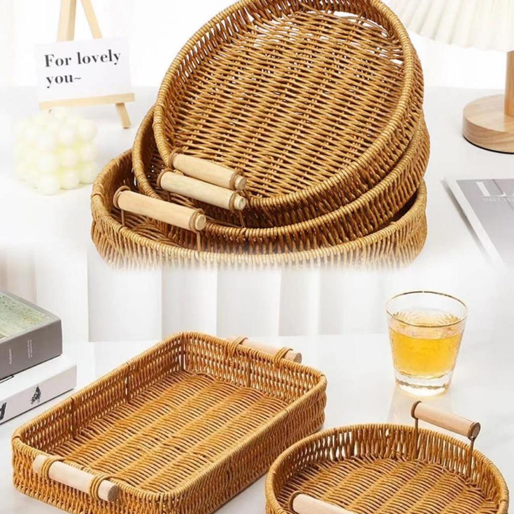 Handmade Woven Rattan Fruit Plate - Japanese Bread & Steamed Bun Basket with Double Ear Handles for Living Room Storage
