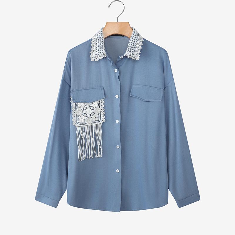 

ZANZEA Женская повседневная блузка с кружевной вставкой, воротником-стойкой и длинным рукавом M синий