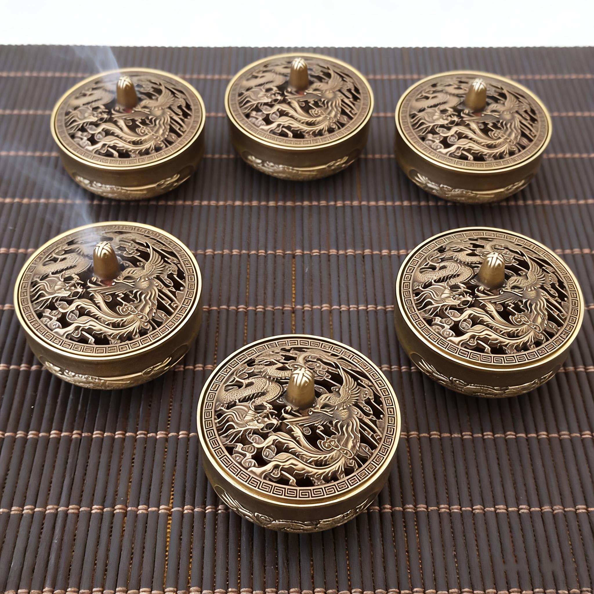 Mini Dragon and Phoenix Incense Burner, Three-legged Dragon Pattern Incense Burner Exquisitely Crafted Embossed Hollow Sandalwood Incense Burner 6Pieces(Lightweight)