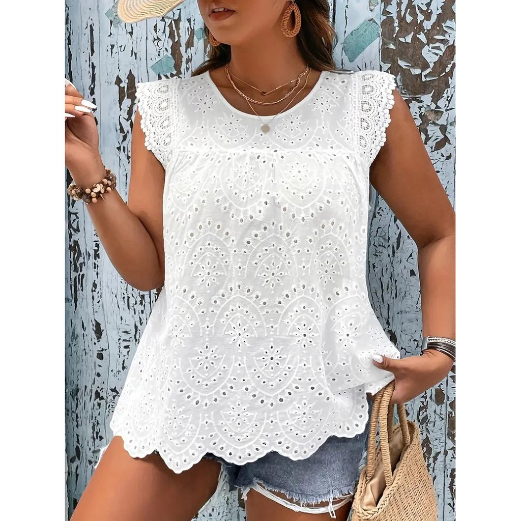 Plus Size Lace Stitching T-Shirt, Casual Eyelet Embroidery Crew Neck Cap Sleeve T-Shirt, Women's Plus Size Clothing