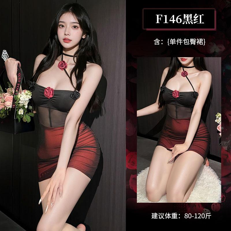 Dark Wind Spice Girl Perspective Mesh Three-dimensional Flower Neck Sex Underwear Sexy Backless Slim Dress