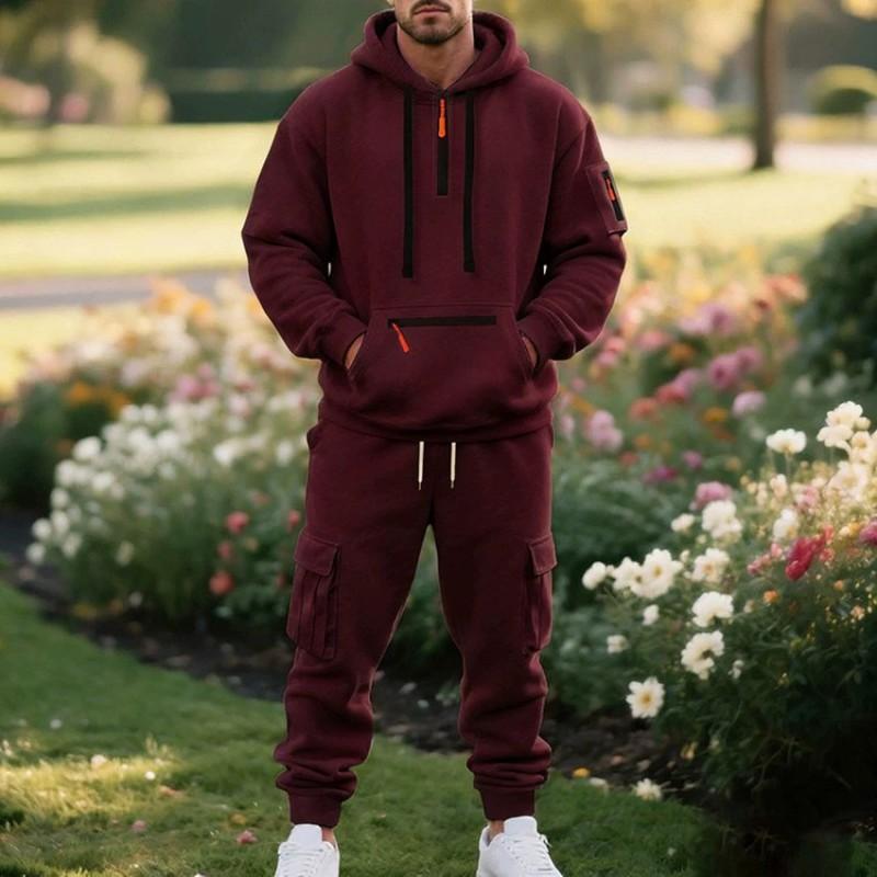Mens Winter Fleece Hooded Tracksuit Casual Solid Color Sweatshirt Pants Set