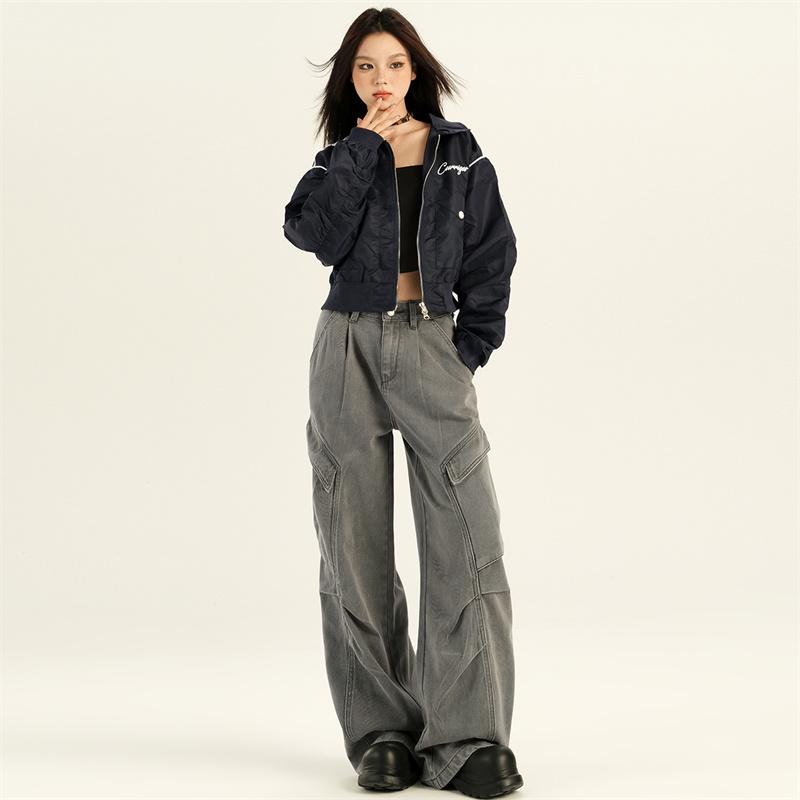 

Spring 2025 Women s Wide-Leg Cargo Pants - Multi-Pocket, Loose, Floor-Length XS серый